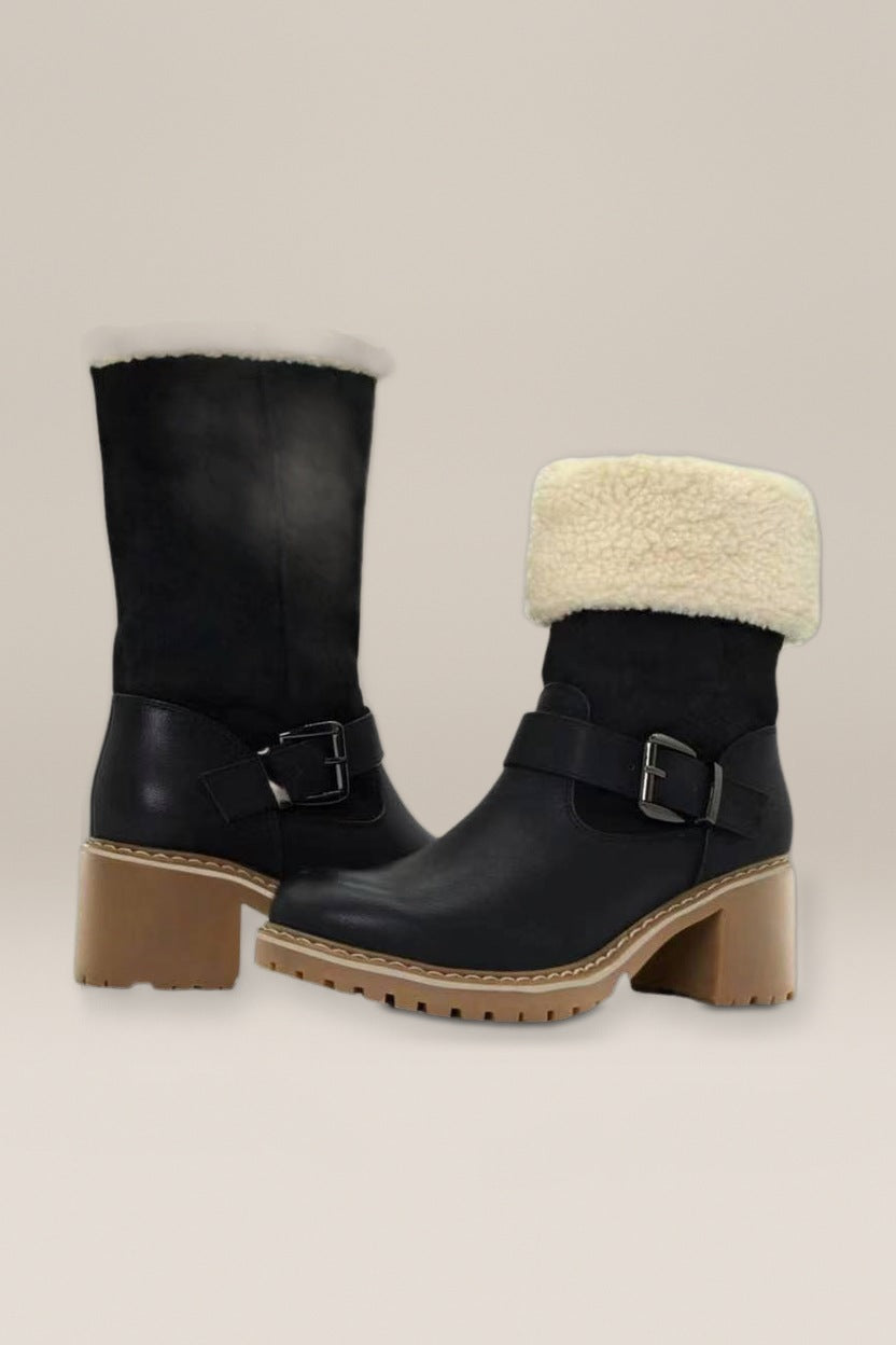 Laarzen Dames met Teddy Kraag en Gesp – Blokhak — Ylva – Zwart – productfoto