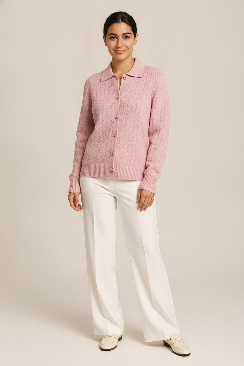 Gebreid Vest Dames met Kraag – Cardigan met Knopen — Naima – Roze – vooraanzicht