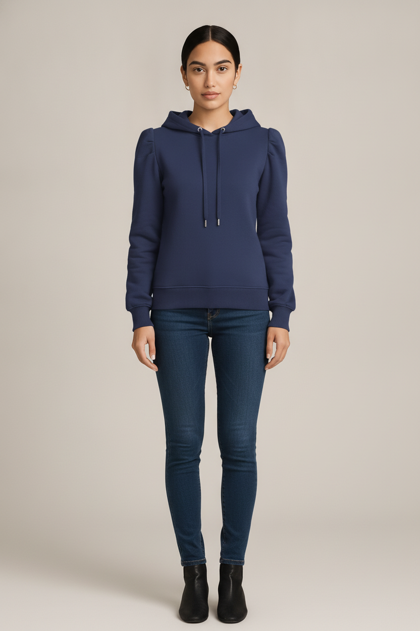 Hoodie Dames met Pofmouwen – Zachte Trui met Capuchon — Milena – Blauw – vooraanzicht