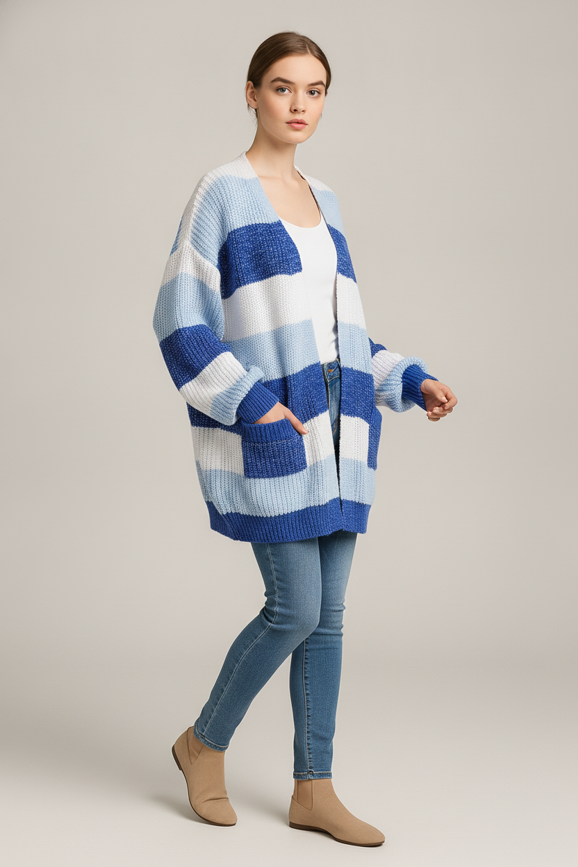 Gestreept Vest Dames – Oversized Gebreide Cardigan — Sefa – Blauw – vooraanzicht