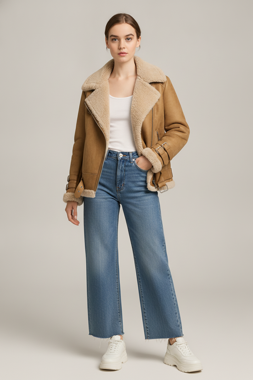 Aviator Jas Dames met Imitatiebont Kraag – Suèdelook — Astrid – Camel – vooraanzicht