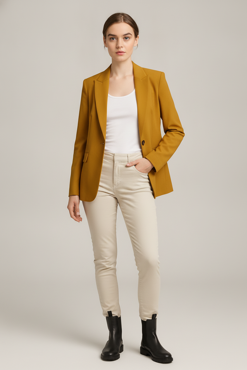 Getailleerde Blazer Dames met Één Knoop – Kort Colbert — Floor – Geel – vooraanzicht