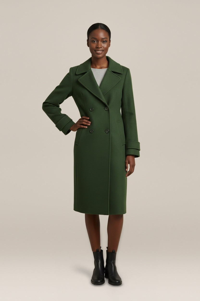Dubbelrijige Slim Fit Mantel in Wollook — Leandra – Groen – vooraanzicht