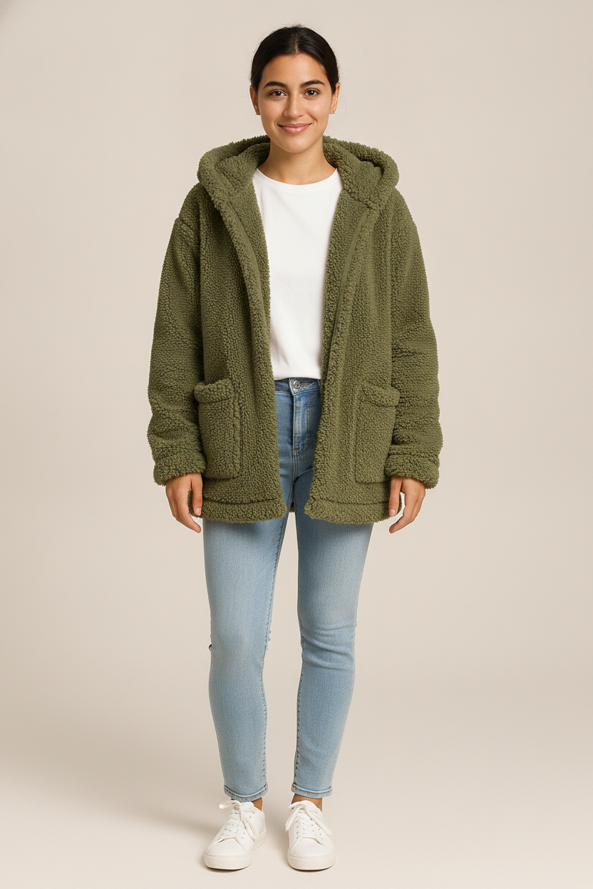 Teddy Jas Dames met Capuchon – Zacht Open Jack — Jara – Legergroen – vooraanzicht