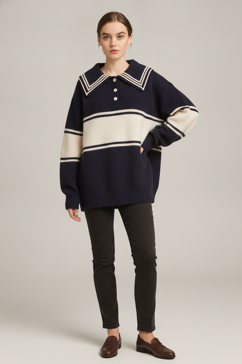 Gestreepte Trui Dames met Kraag – Oversized Polo Trui — Zinnia – Marineblauw – vooraanzicht