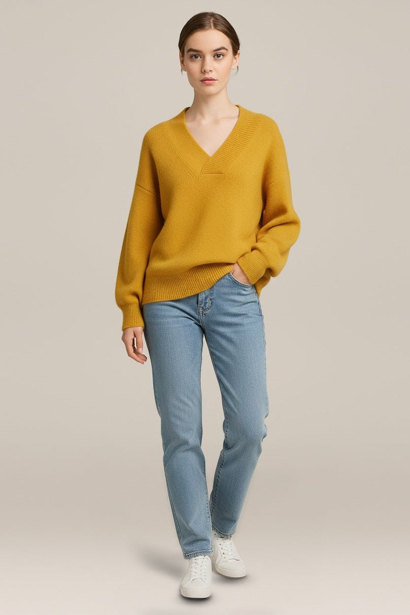 Trui Dames met V-hals – Zachte Losse Pullover in geel – vooraanzicht