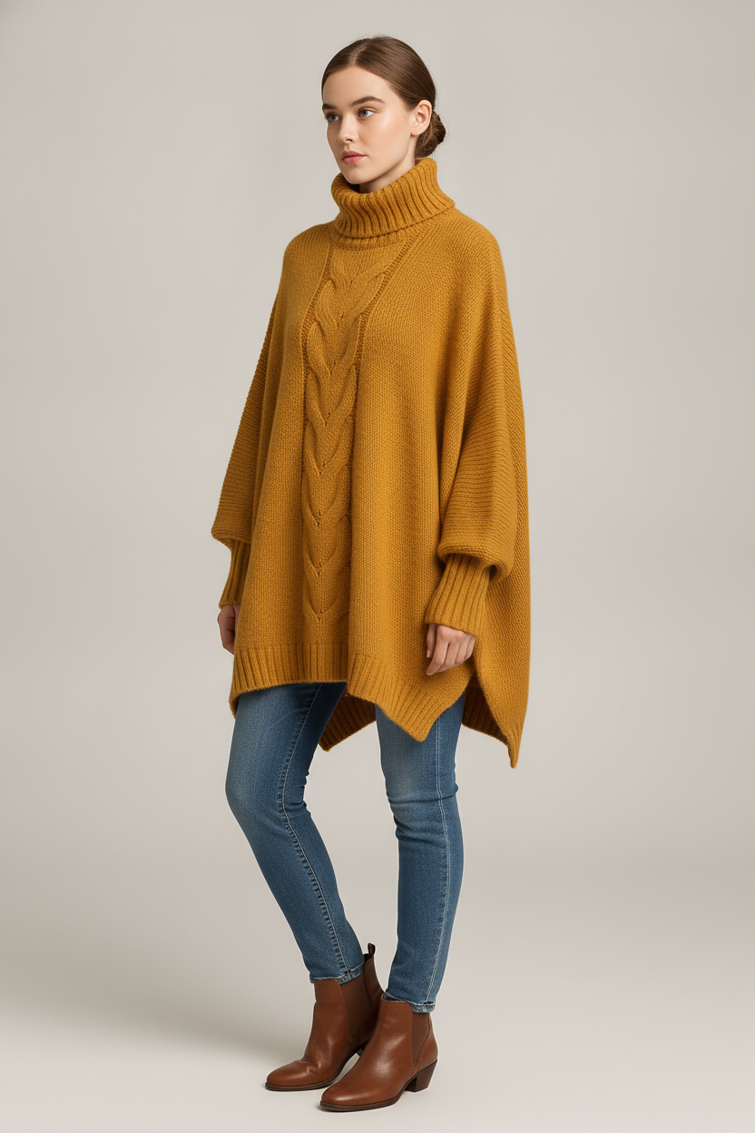 Kabeltrui Dames met Col – Oversized Poncho Trui — Ilka – Mosterd – vooraanzicht