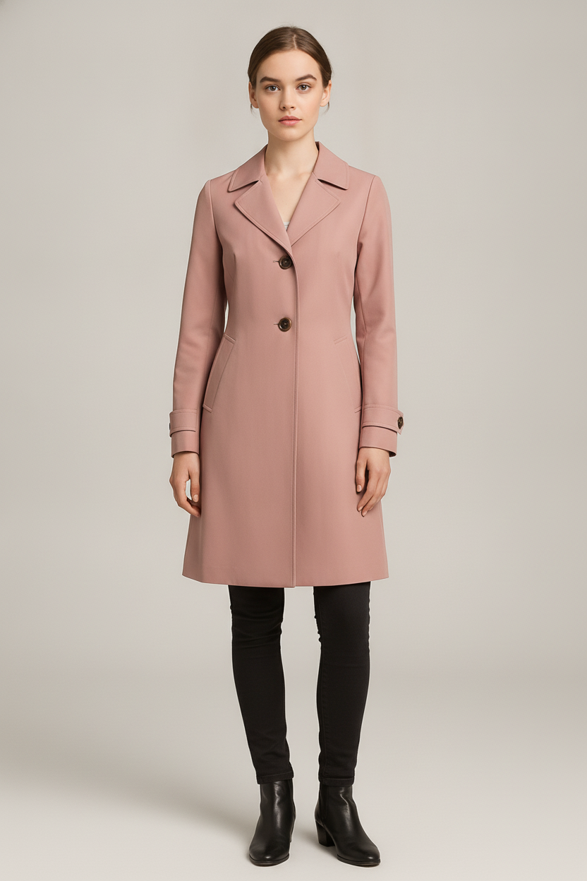 Trenchcoat Dames Getailleerd – Lange Tussenjas tot de Knie — Esperanza – Roze – vooraanzicht