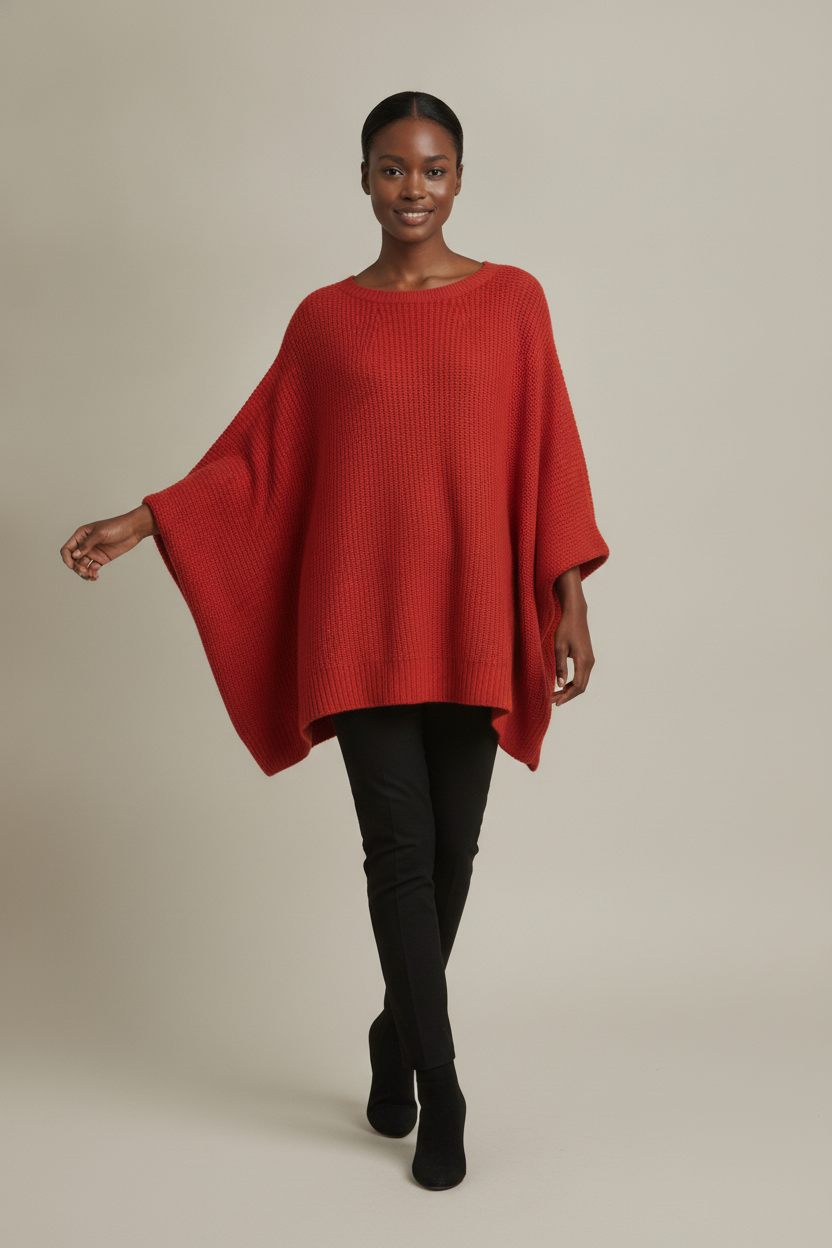 Oversized Trui Dames met Vleermuismouwen – Poncho Trui — Kalani – Rood – vooraanzicht