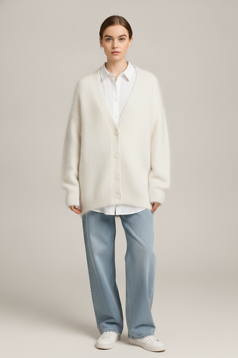 Pluizig Vest Dames met V-hals – Oversized Cardigan — Aurélie – Wit – vooraanzicht
