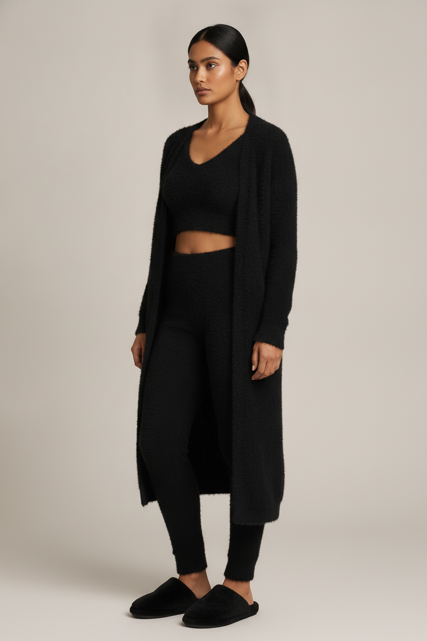 Pluche Loungeset Dames 3-Delig – Huispak met Lang Vest — Fleurine – Zwart – vooraanzicht