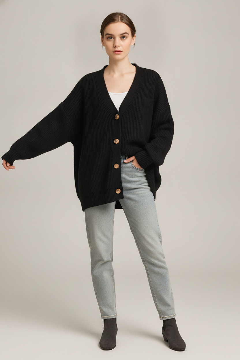 Gebreid Vest Dames met V-hals – Oversized Cardigan — Mireille – Zwart – vooraanzicht