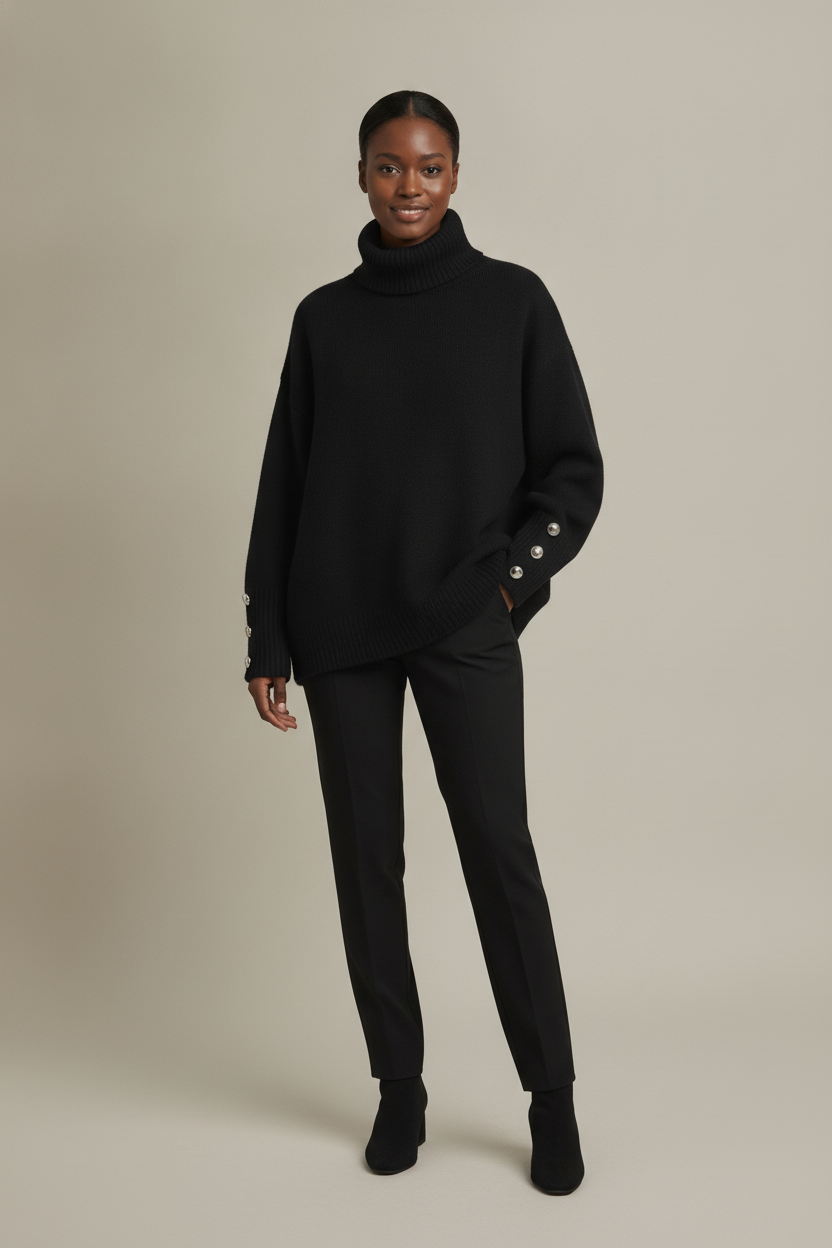 Coltrui Dames met Knoopjes op de Mouw – Oversized Col Trui — Tamsin – Zwart – vooraanzicht