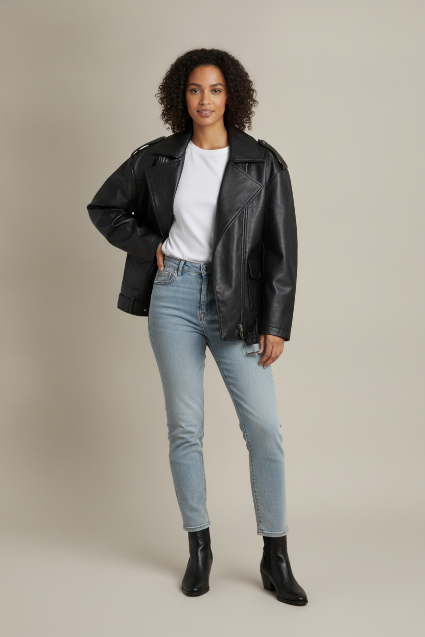 Korte Jas Dames in Leerlook – Oversized Jasje met Revers — Sabine – Zwart – vooraanzicht