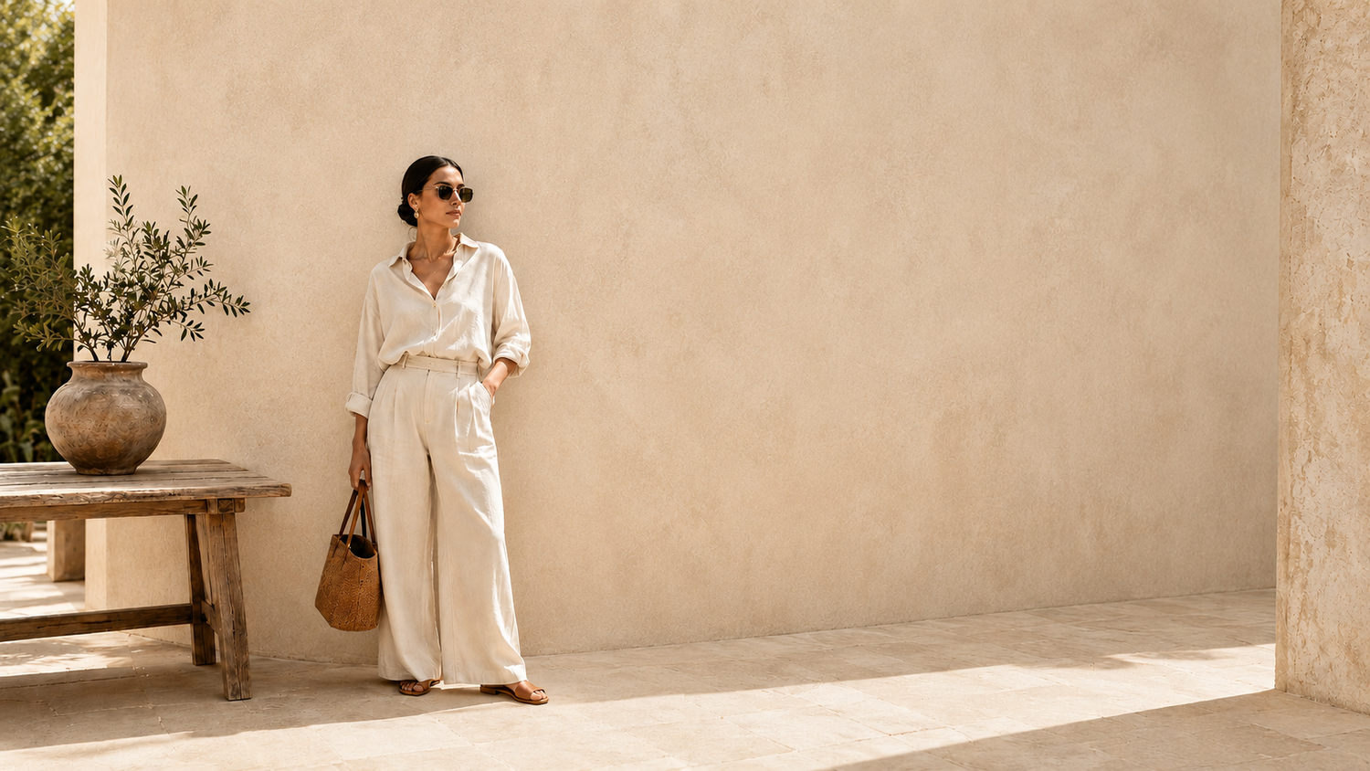 Vrouw in luchtige linnen zomer-outfit voor een terracotta muur - Mayara zomercollectie