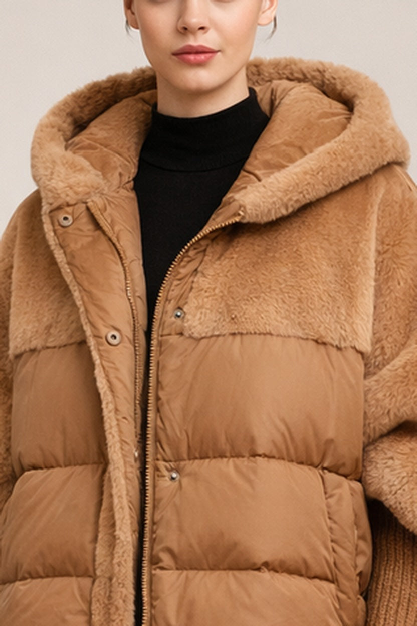 Oversized Gewatteerde Winterjas — Filipa – Bruin – close-up