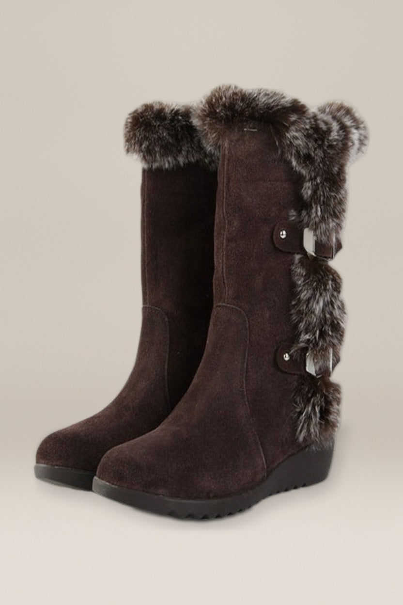 Gevoerde Laarzen Dames met Imitatiebont – Halfhoog — Freyja – Bruin – productfoto