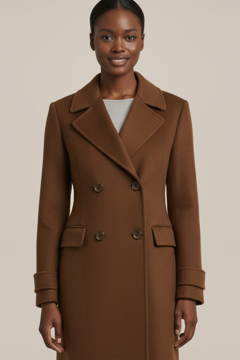 Dubbelrijige Slim Fit Mantel in Wollook — Leandra – Bruin – close-up