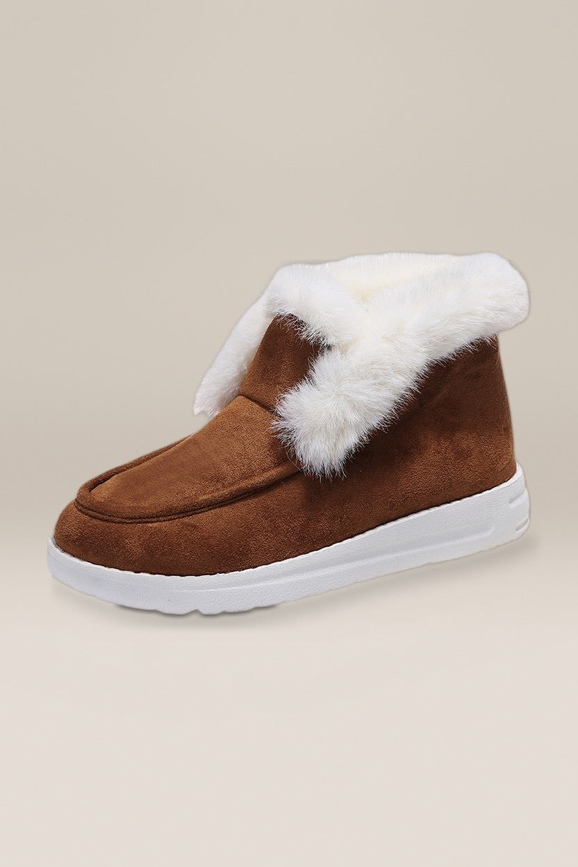 Gevoerde Instapboots Dames – Pluizige Rand en Suèdelook — Liva – Cognac – productfoto