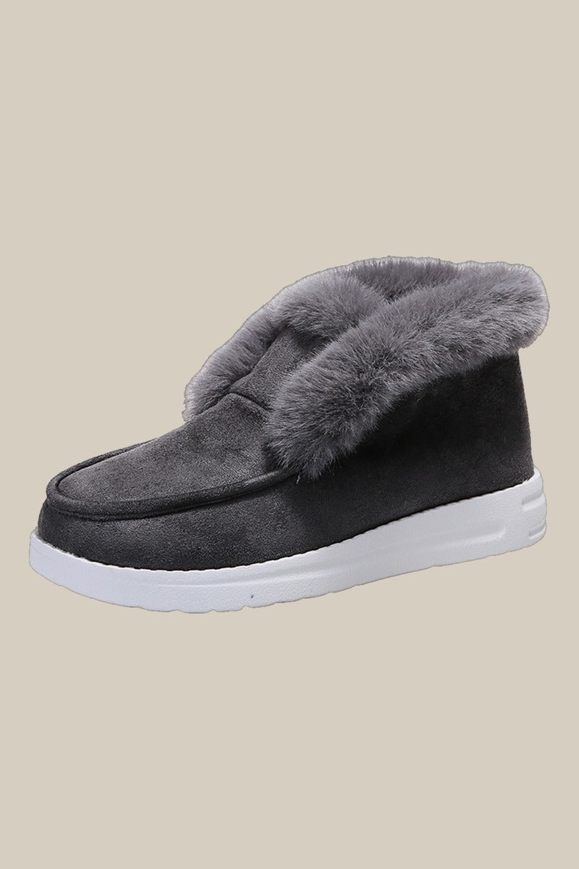 Gevoerde Instapboots Dames – Pluizige Rand en Suèdelook — Liva – Grijs – close-up
