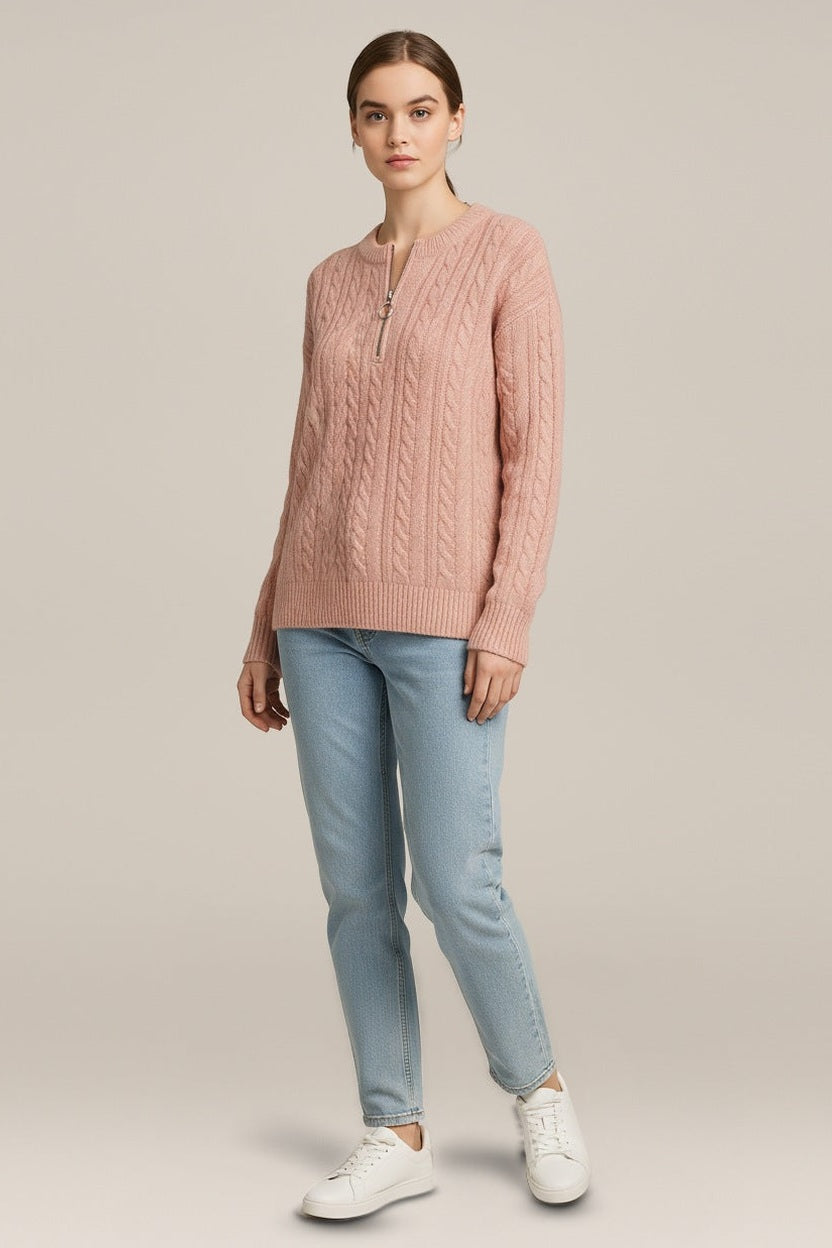 Dames Trui met Ritskraag en Zachte Knit — Odile in Roze – vooraanzicht