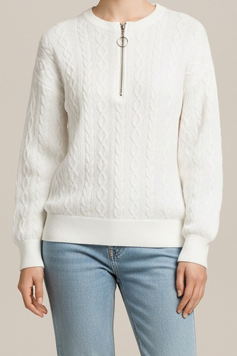 Dames Trui met Ritskraag en Zachte Knit — Odile in Wit – close-up