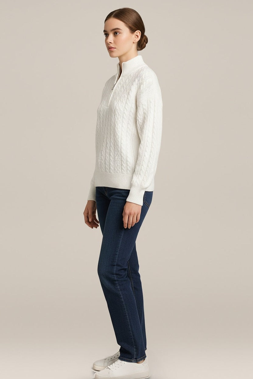 Dames Trui met Ritskraag en Zachte Knit — Odile in Wit – zijaanzicht