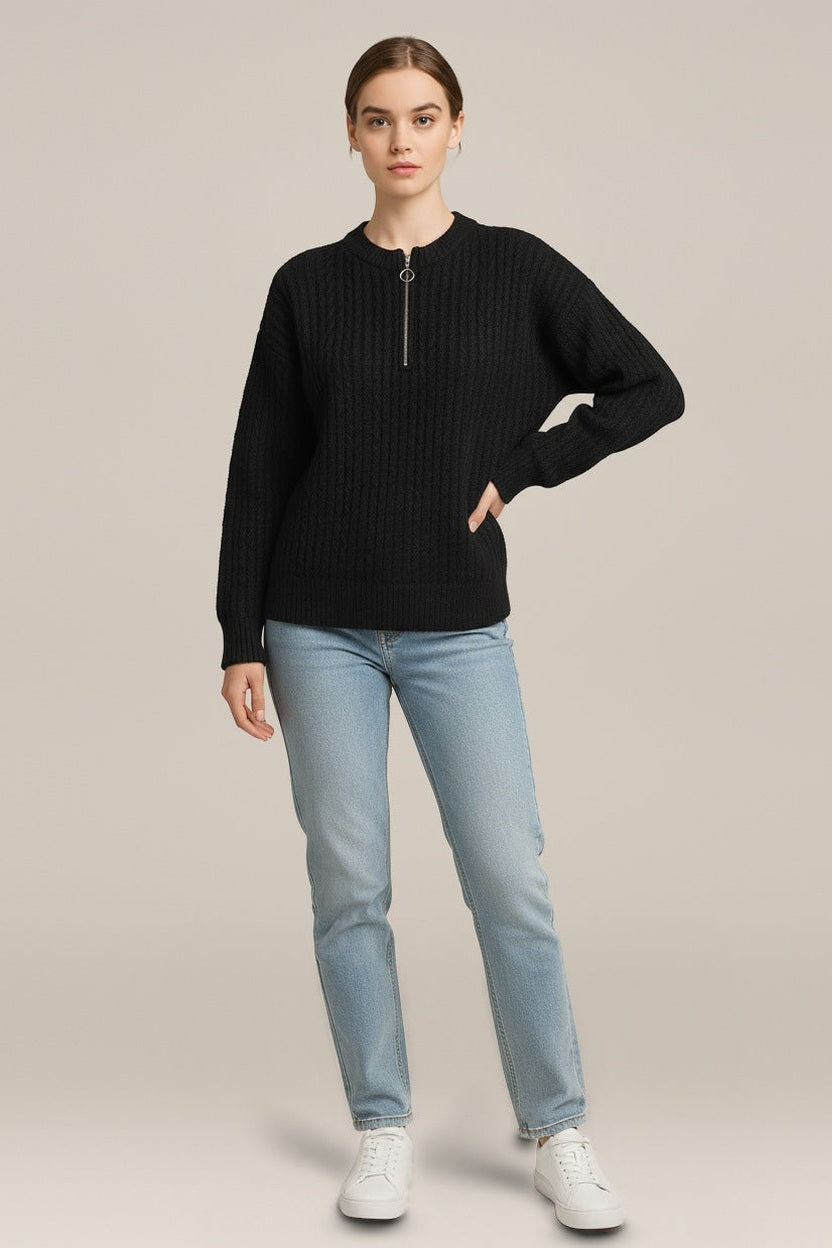 Dames Trui met Ritskraag en Zachte Knit — Odile in Zwart – vooraanzicht