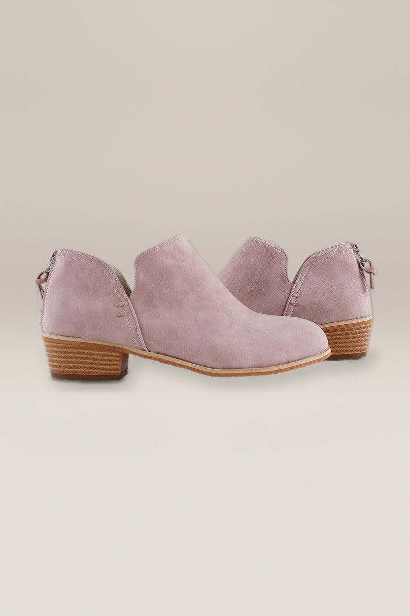Enkellaarsjes Dames met Blokhak – Instap in Leerlook — Ottilie – Oudroze – productfoto