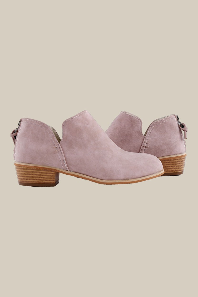 Enkellaarsjes Dames met Blokhak – Instap in Leerlook — Ottilie – Oudroze – close-up
