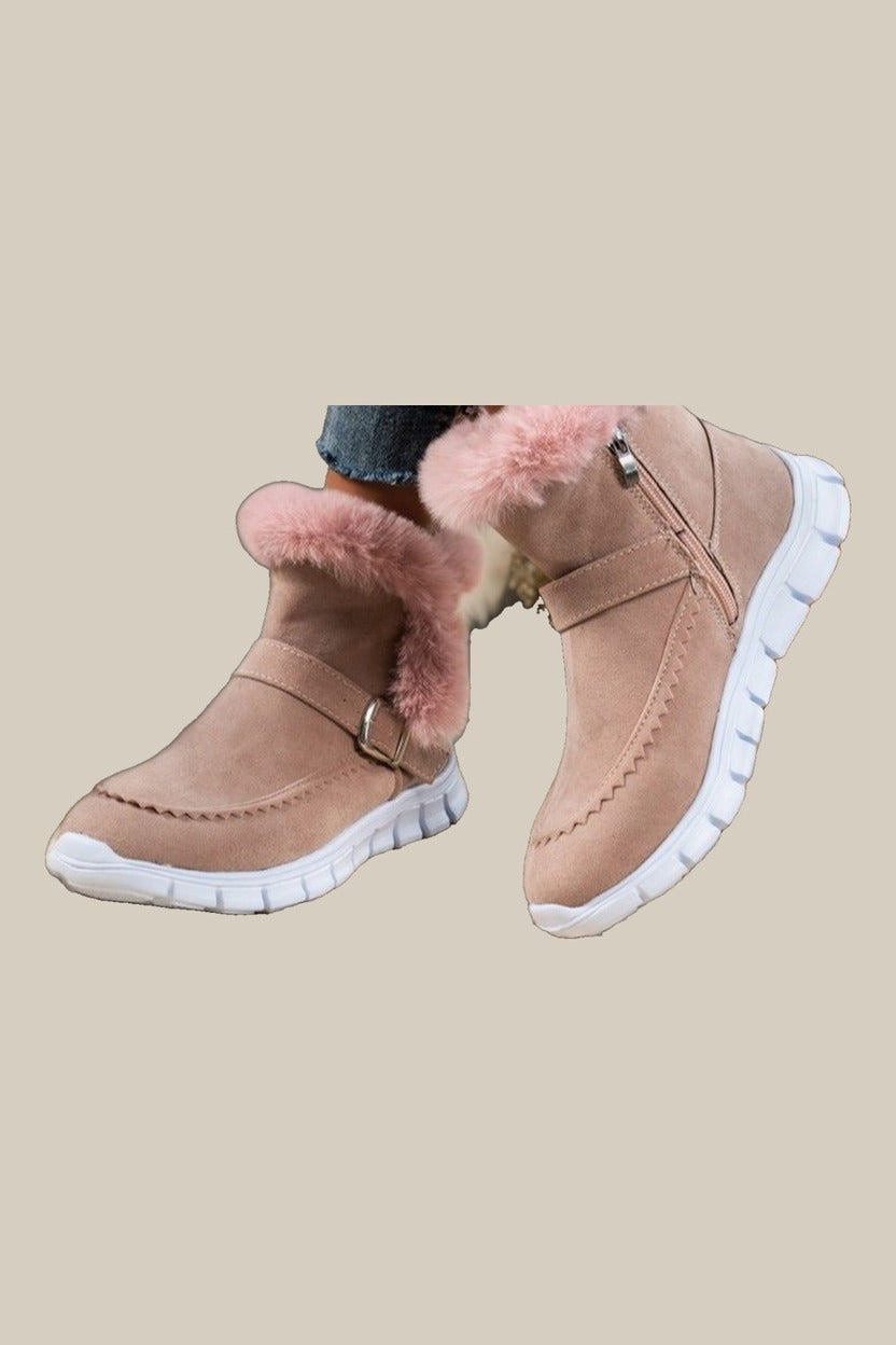 Gevoerde Snowboots Dames met Gesp – Imitatiebont Kraag — Saga – Oudroze – close-up