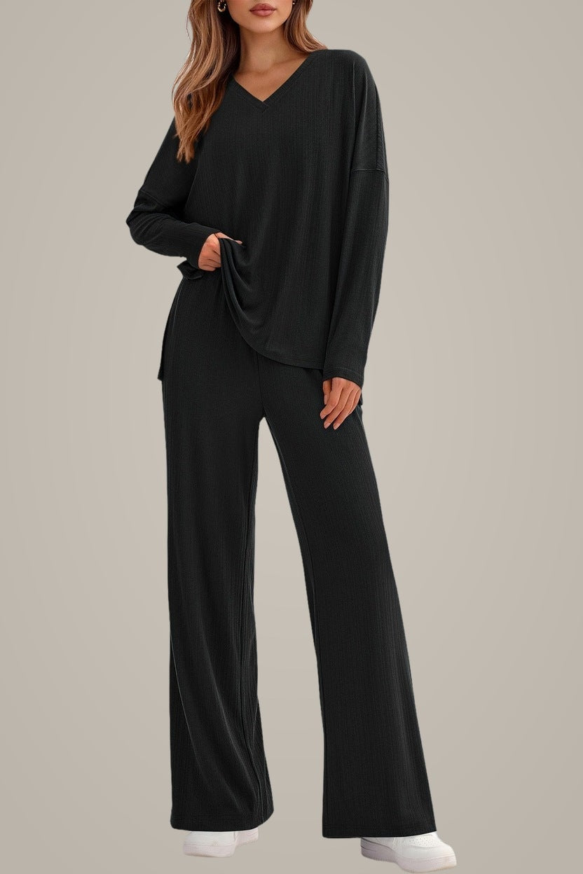 Gebreide Set Dames – Trui en Wijde Broek — Tahlia – Zwart – productfoto