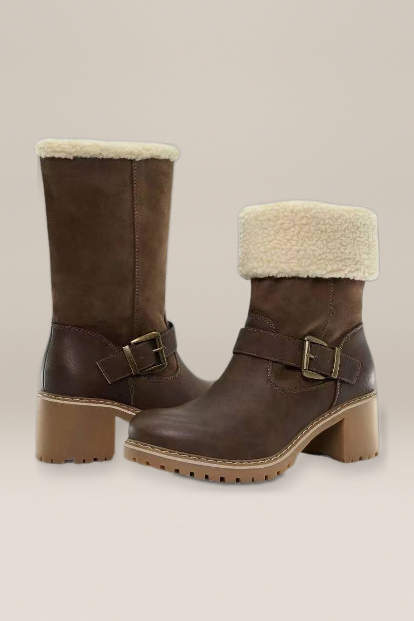Laarzen Dames met Teddy Kraag en Gesp – Blokhak — Ylva – Bruin – productfoto