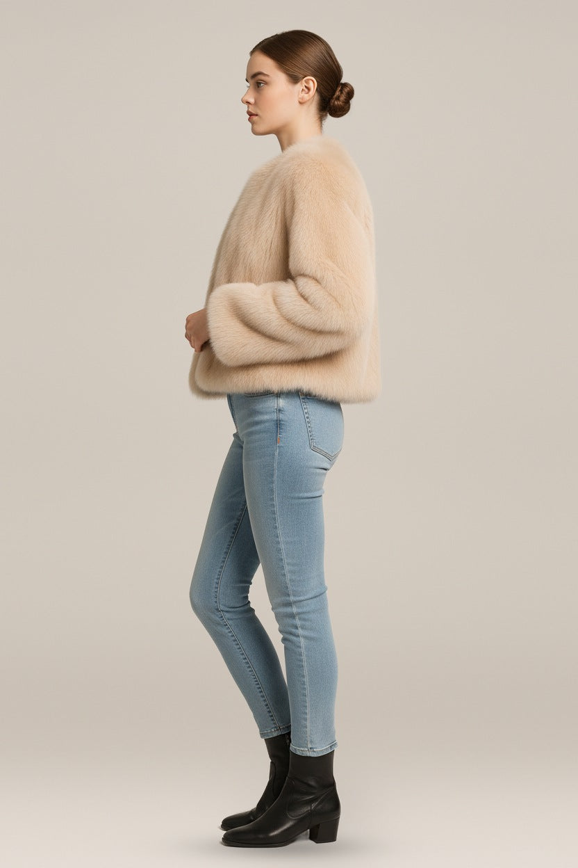 Imitatiebont Jas Dames met Opstaande Kraag – Korte Winterjas — Zenaida in Crème – zijaanzicht