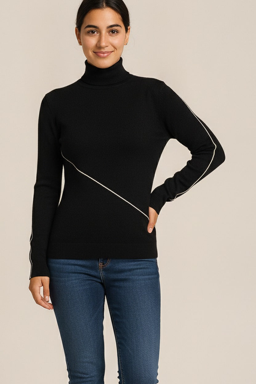 Fijngebreide Slim Fit Coltrui — Zola – Zwart – close-up