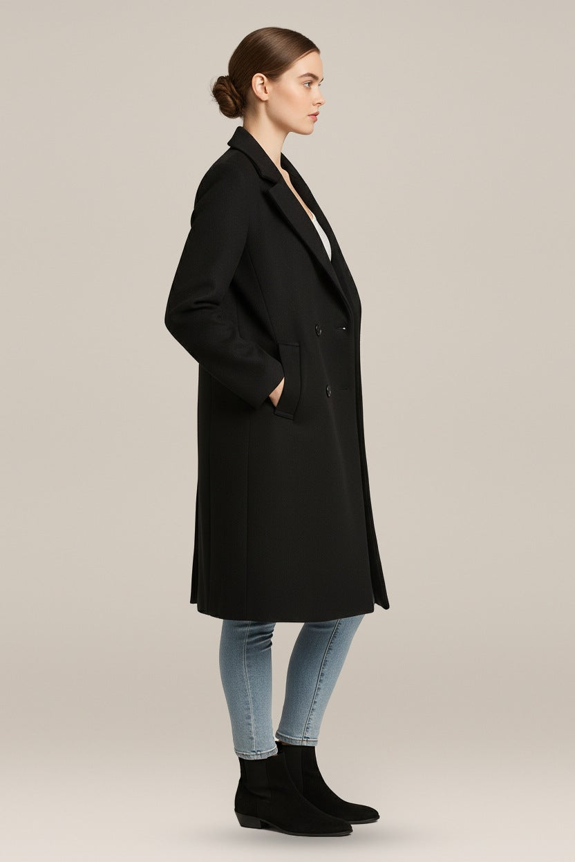 Halflange Mantel Dames in Wollook – Jas met Revers en Knopen — Zuzanna in Zwart – zijaanzicht