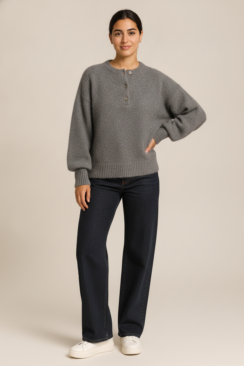 Gebreid Vest Dames met Ronde Hals – Vintage Cardigan — Adira – Antraciet – vooraanzicht