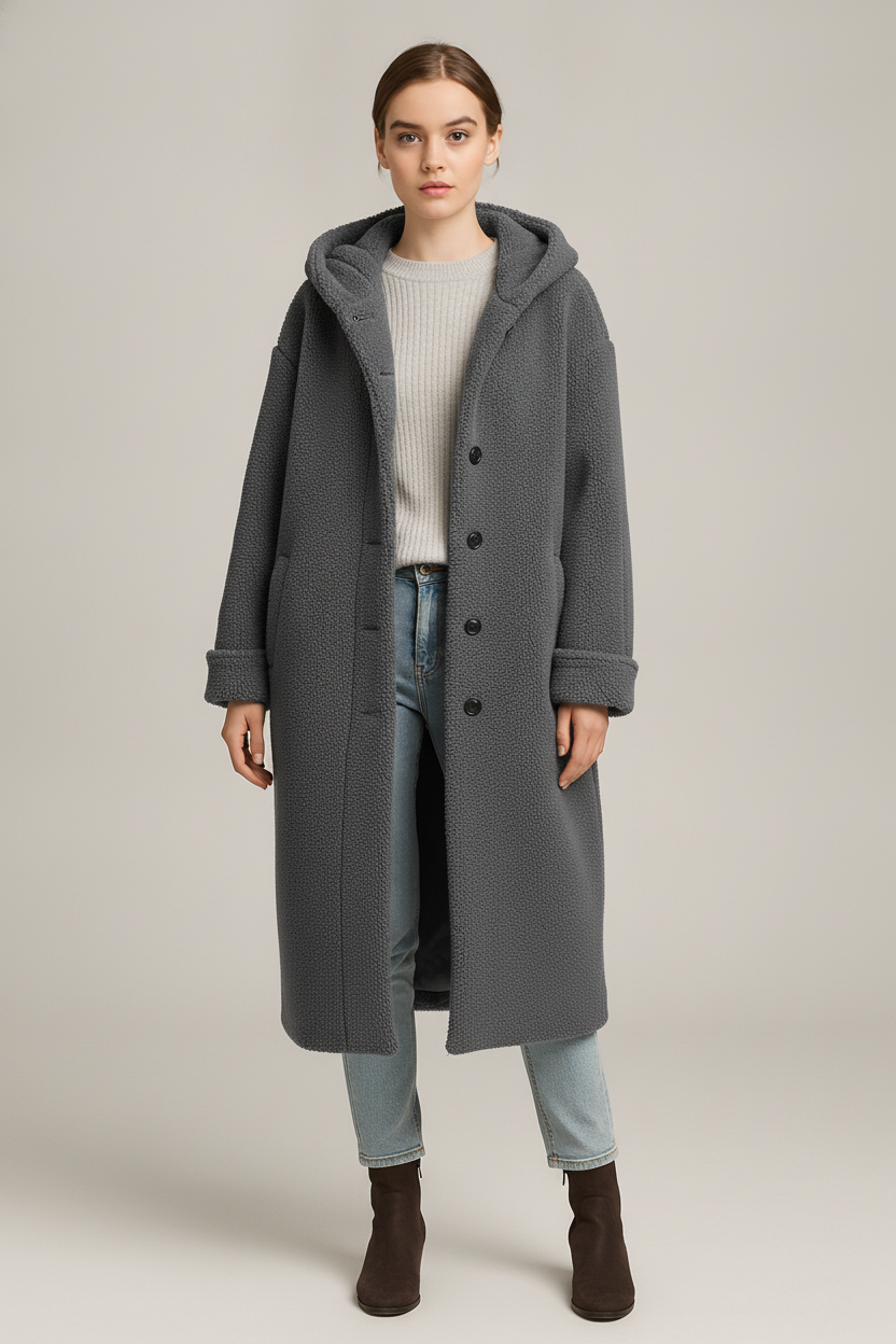 Lange Jas Dames met Capuchon – Bouclé Winterjas met Knopen — Julieta – Grijs – vooraanzicht