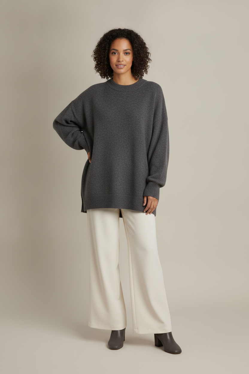 Oversized Trui Dames met Ronde Hals – Lange Trui met Split — Ginevra – Antraciet – vooraanzicht