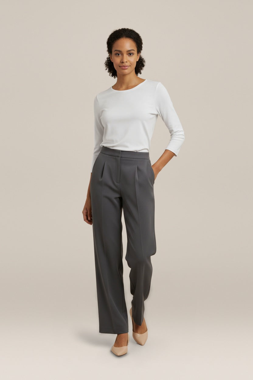 Pantalon Dames met Wijde Pijp – Hoge Taille en Plooien — Mirthe – Antraciet – vooraanzicht