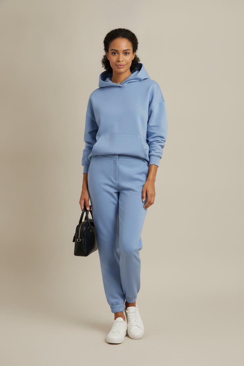 Trainingspak Dames met Hoodie – Joggingset met Hoge Taille — Saskia – Babyblauw – vooraanzicht