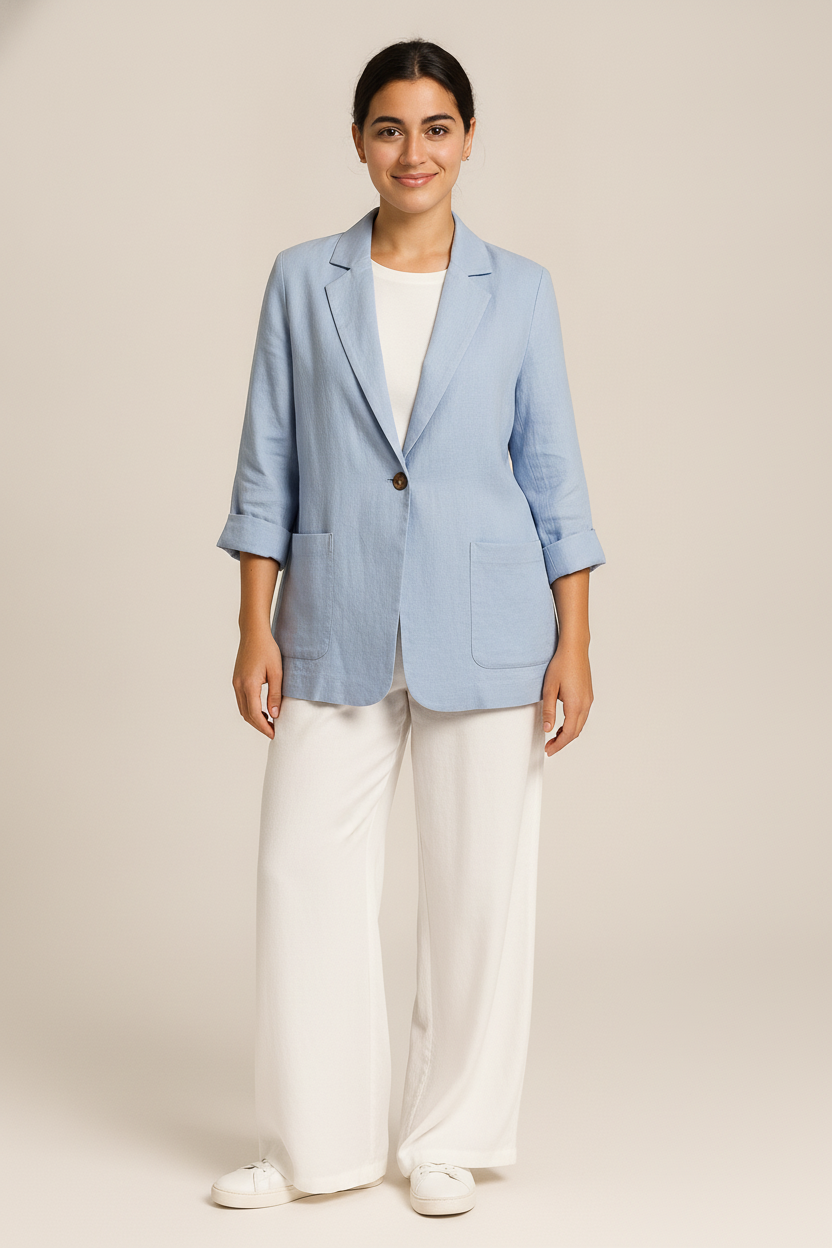 Lichte Blazer Dames met Opgerolde Mouwen – Casual Colbert — Ines – Babyblauw – vooraanzicht