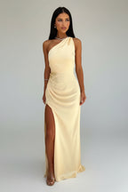 Beige Asymmetrische Maxi Jurk met Split Dames | Zijdezacht | Thalina