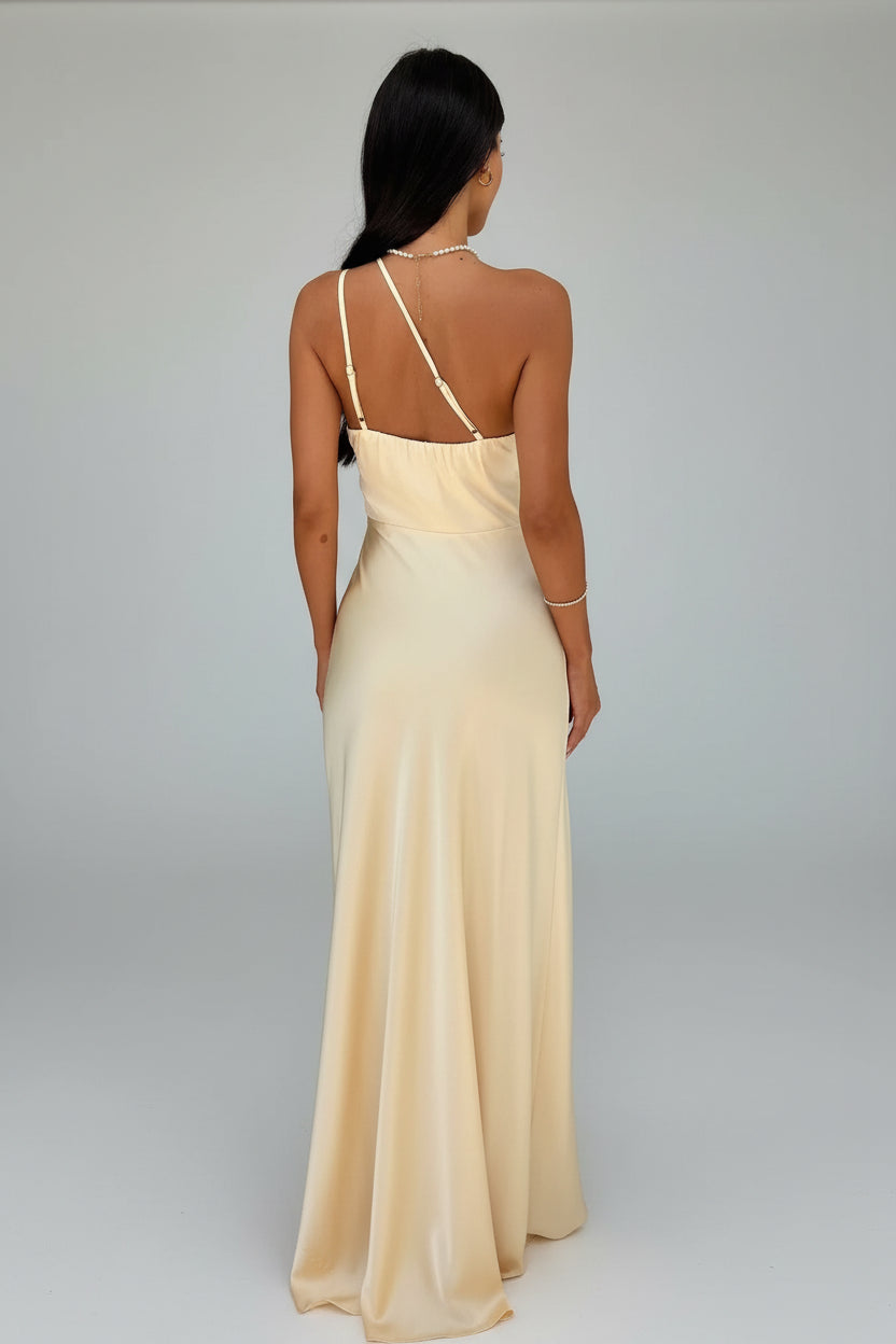 Beige Asymmetrische Maxi Jurk met Split Dames | Zijdezacht | Thalina