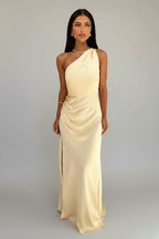Beige Asymmetrische Maxi Jurk met Split Dames | Zijdezacht | Thalina