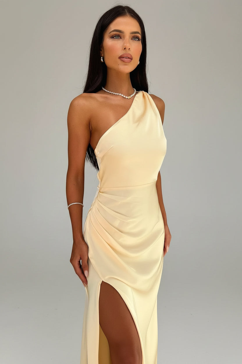 Beige Asymmetrische Maxi Jurk met Split Dames | Zijdezacht | Thalina