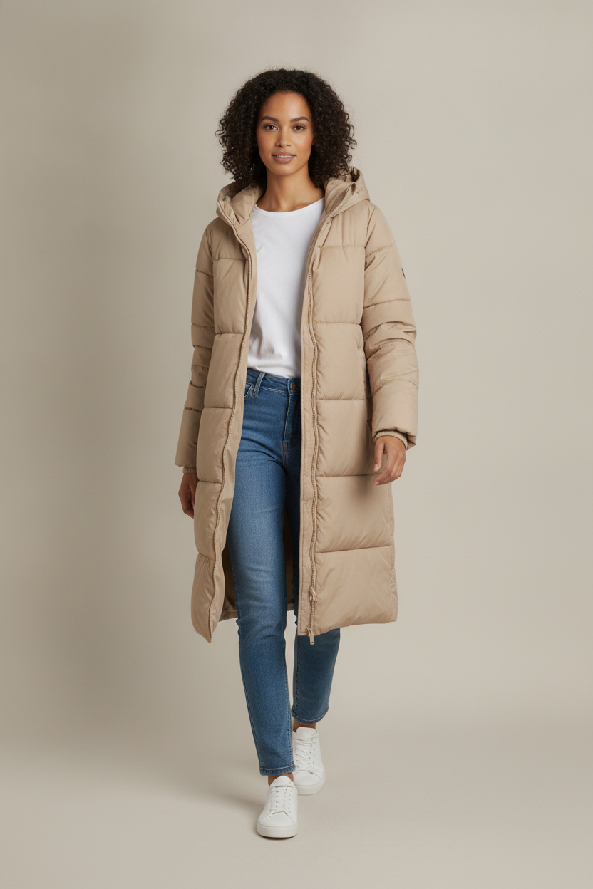 Lange Gewatteerde Winterjas — Liora – Beige – vooraanzicht