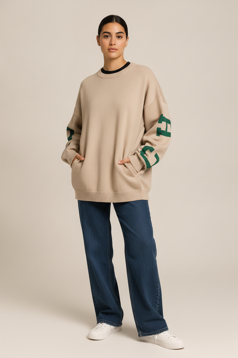 Oversized Sweater Dames met Letterprint – Varsity Trui — Lucia – Beige – vooraanzicht