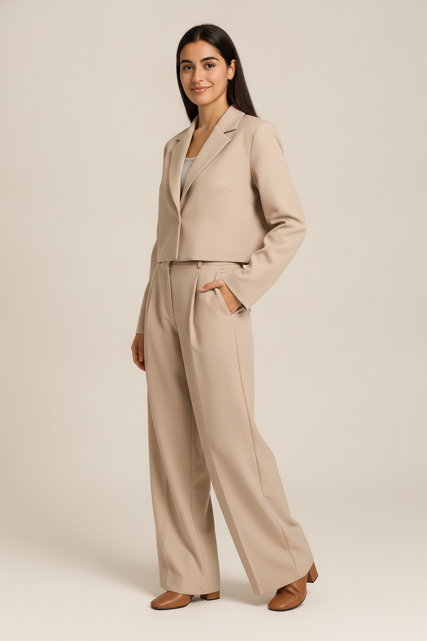 Soepel Pak met Blazer en Wijde Broek — Noelia – Beige – vooraanzicht