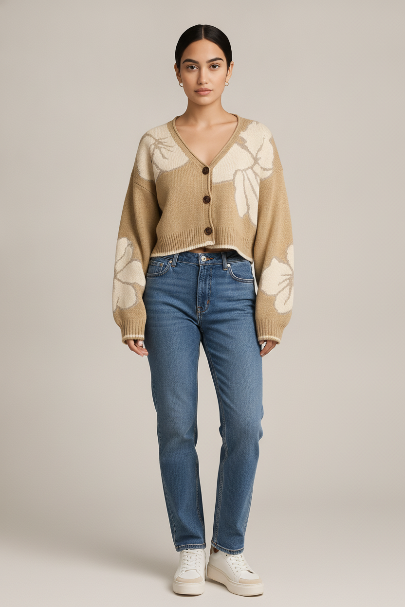 Gebreid Vest Dames met Bloemen – Korte Jacquard Cardigan — Liv – Beige – vooraanzicht